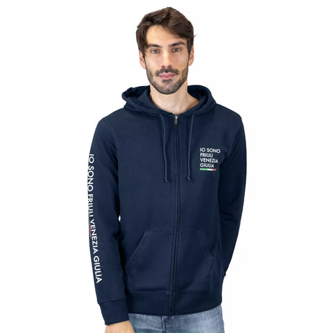 Felpa blu con zip e cappuccio con logo grande sulla manica Io Sono Friuli Venezia Giulia