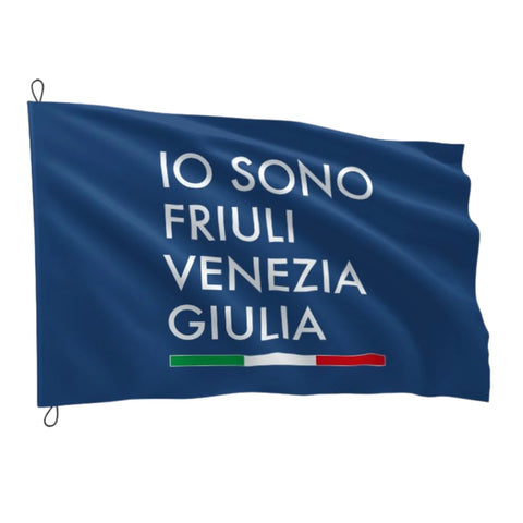 Bandiera blu con logo Io Sono Friuli Venezia Giulia e bandiera italiana su sfondo bianco