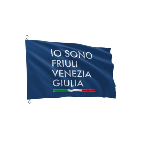 Bandiera blu con logo Io Sono Friuli Venezia Giulia e bandiera italiana su sfondo bianco