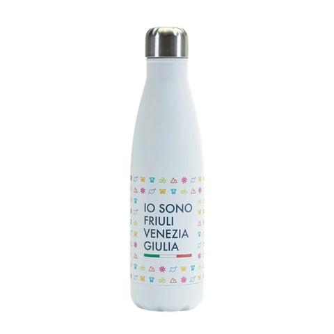 Borraccia termica bianca con logo Io Sono Friuli Venezia Giulia, bandiera italiana e tappo in acciaio vista frontale