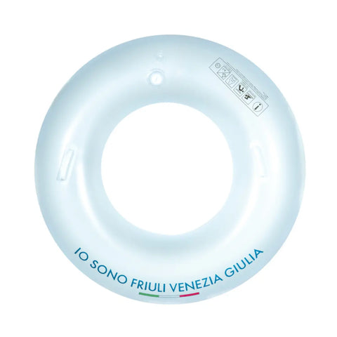 Ciambella satinata grande con logo Io Sono Friuli Venezia Giulia e bandiera italiana utilizzati per Record Night di Lignano Sabbiadoro