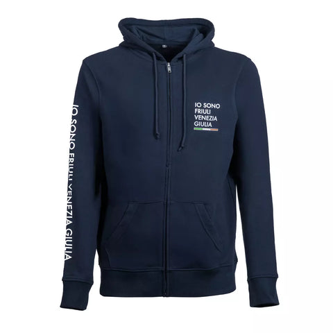 Felpa blu con zip e cappuccio con logo grande sulla manica Io Sono Friuli Venezia Giulia