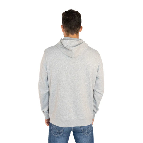 Felpa grigia con zip, cappuccio e logo Io Sono Friuli Venezia Giulia indossata da un uomo vista da dietro