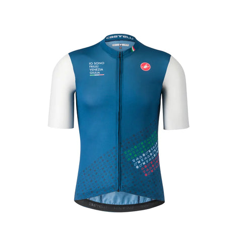 Maglia per ciclista blu con maniche bianche, cerniera e logo Castelli e Io Sono Friuli Venezia Giulia
