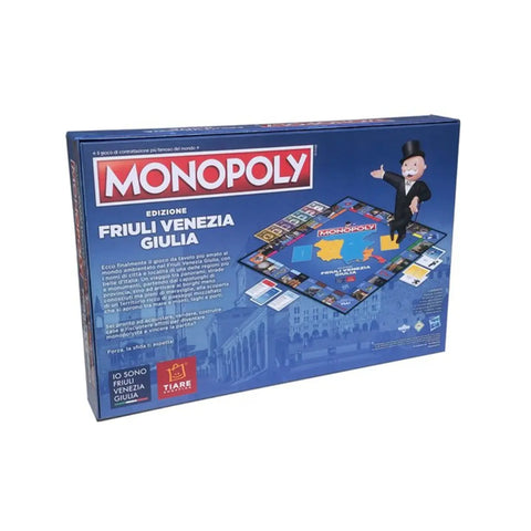 Scatola gioco monopoli vista dietro con le spiegazioni e un immagine del gioco a marchio Io Sono Friuli Venezia Giulia