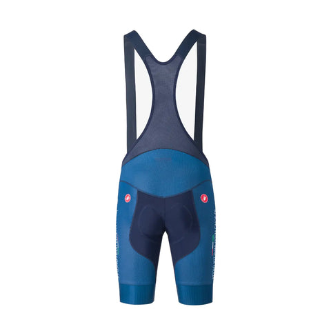 Pantalone tecnico con bretelle per bici blu e marchio Io Sono Friuli Venezia Giulia e Castelli visto da dietro