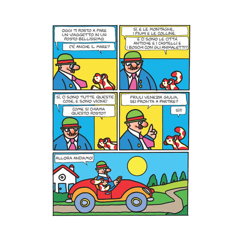 Interno libro della Pimpa con fumetto alla scoperta del Friuli Venezia Giulia
