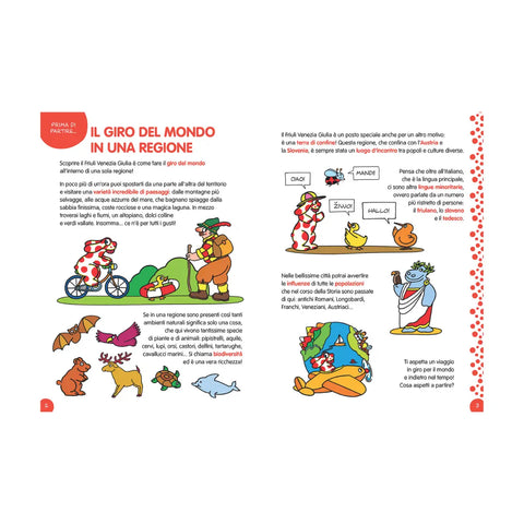 Interno libro della Pimpa con fumetto alla scoperta del Friuli Venezia Giulia