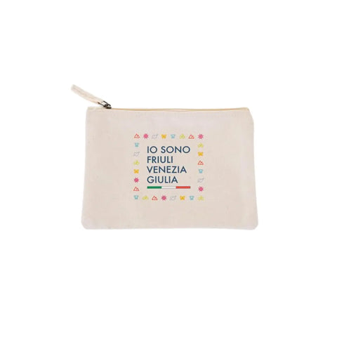 Pochette bianca con cerniera con il logo in blu Io Sono Friuli Venezia Giulia e bandiera italiana