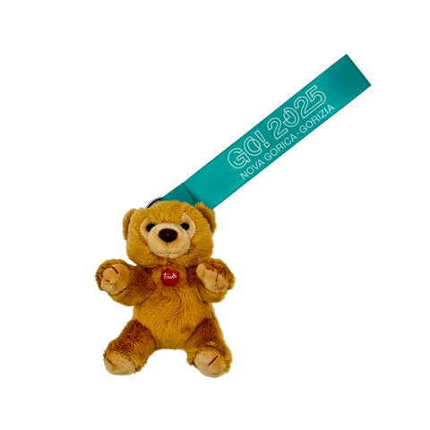 Portachiavi con peluche Ettore di Trudi e gancio con scritta GO!2025
