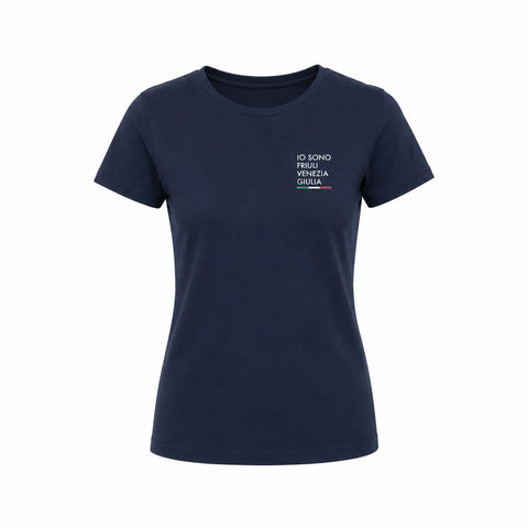 T-shirt donna blu girocollo maniche corte con logo piccolo Io Sono Friuli Venezia Giulia e bandiera italiana