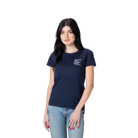 T-shirt donna blu girocollo maniche corte con logo piccolo Io Sono Friuli Venezia Giulia e bandiera italiana