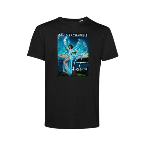 T-shirt nera girocollo unisex con grafica blu David Chapelle su sfondo bianco