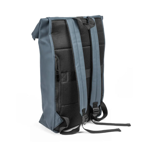 Zaino porta pc blu roll-top con taschino sul retro nascosta, imbottito sulla schiena