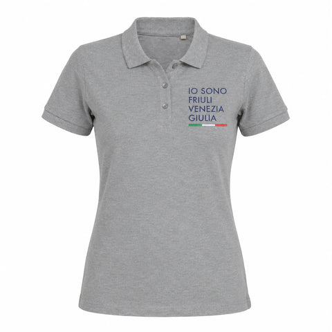 Polo grigia maniche corte da donna con logo grande Io Sono Friuli Venezia Giulia e bandiera italiana