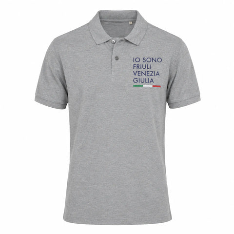 Polo grigia a maniche corte con logo grande Io Sono Friuli Venezia Giulia e la bandiera italian