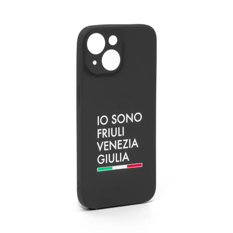 Cover nera per Iphone 15 con logo bianco Io Sono Friuli Venezia Giulia e bandiera italiana