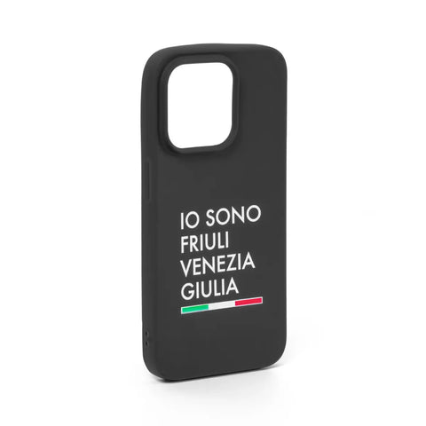Cover nera per Iphone 15 pro con logo bianco Io Sono Friuli Venezia Giulia e bandiera italiana