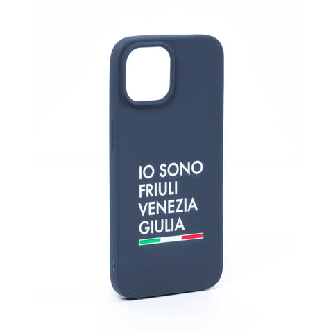 Cover blu per iPhone 15 con logo bianco Io Sono Friuli Venezia Giulia e bandiera italiana su sfondo bianco 