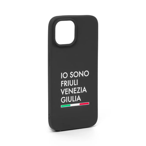 Cover nera per Iphone 15 con logo bianco Io Sono Friuli Venezia Giulia e bandiera italiana
