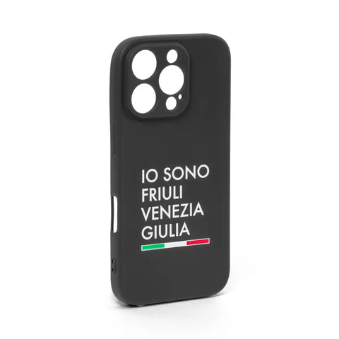 Cover nera per Iphone 16 pro con logo bianco Io Sono Friuli Venezia Giulia e bandiera italiana