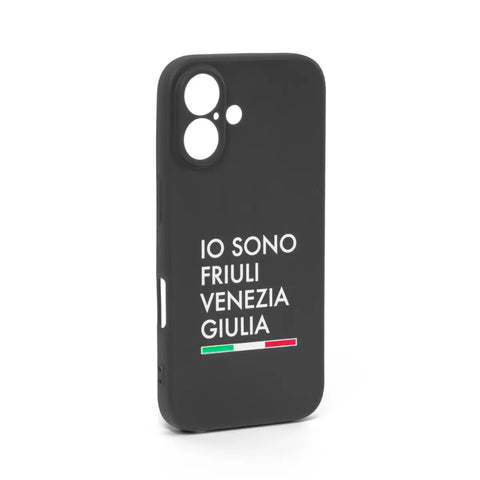 Cover nera per Iphone 16 con logo bianco Io Sono Friuli Venezia Giulia e bandiera italiana
