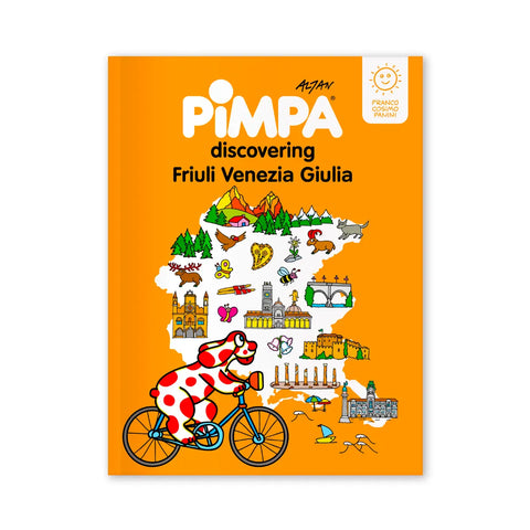 Libro della Pimpa alla scoperta del Friuli Venezia Giulia con piantina Friuli e Pimpa in bicicletta in inglese