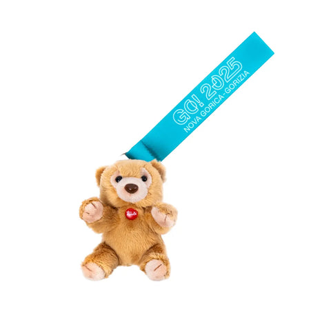 Portachiavi con peluche Ettore di Trudi e gancio con scritta GO!2025