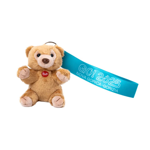 Portachiavi con peluche Ettore di Trudi e gancio con scritta GO!2025