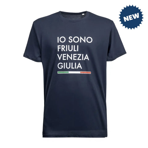 T-shirt blu vestibilità regolare con logo grande Io Sono Friuli Venezia Giulia e bandiera italiana