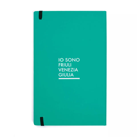 Taccuino / agenda verde acqua con laccio nero e logo bianco sul retro Io Sono Friuli Venezia Giulia 