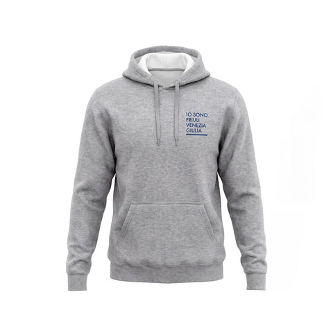 Felpa grigia unisex con cappuccio e logo Io Sono Friuli Venezia Giulia in blu 