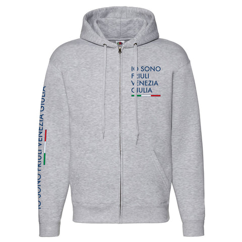 Felpa grigia con zip, cappuccio e logo Io Sono Friuli Venezia Giulia